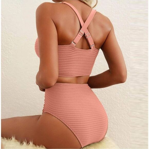 namayuj Women's Small Fashion Textured Bikini Sets Twist Front High Waisted Swim - Picture 3 of 11